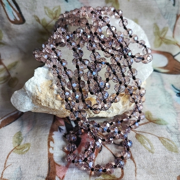 Very Long Faceted Glass Crystal? Stone Light Amethyst Necklace Black Seed Beads - Picture 4 of 7